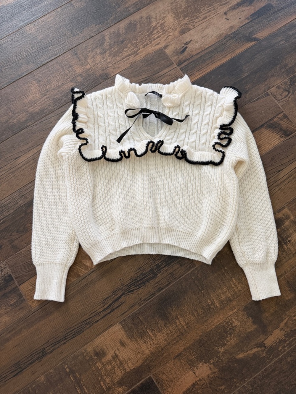 SHEIN White Cable-Knit Ruffle Sweater with Black Trim